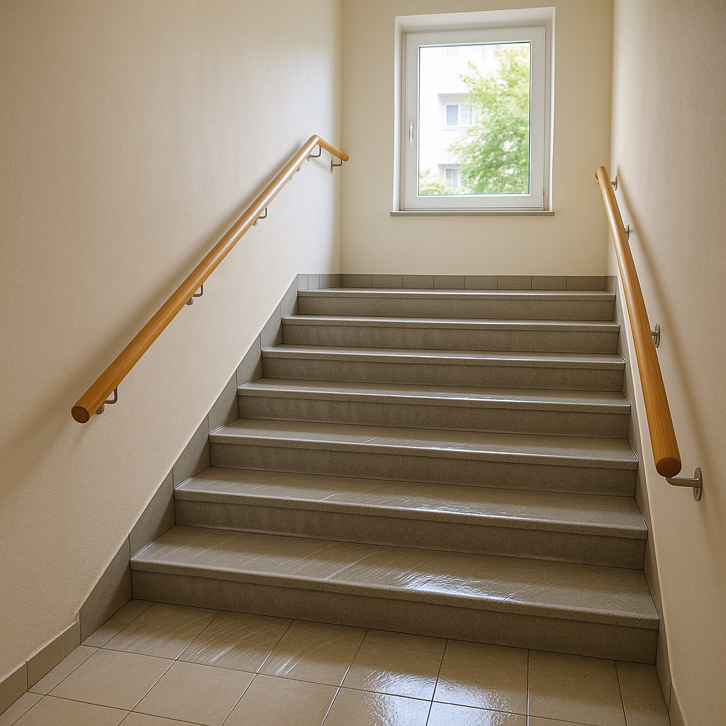 Sauberes, helles Treppenhaus mit gewischten Stufen und Handlauf